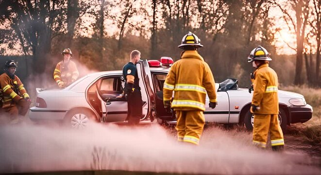 Firefighters in a traffic accident.