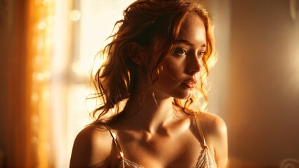 Golden hour radiance woman with freckles in sun kissed lingerie basks in warm golden light
