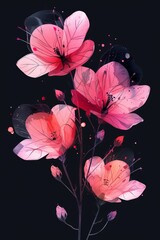 Three Pink Flowers With Leaves on Black Background