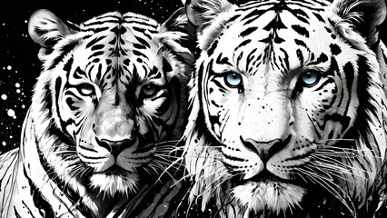 Abstract illustration of a tiger and a lion with amazing colors. Majestic kings of animals.