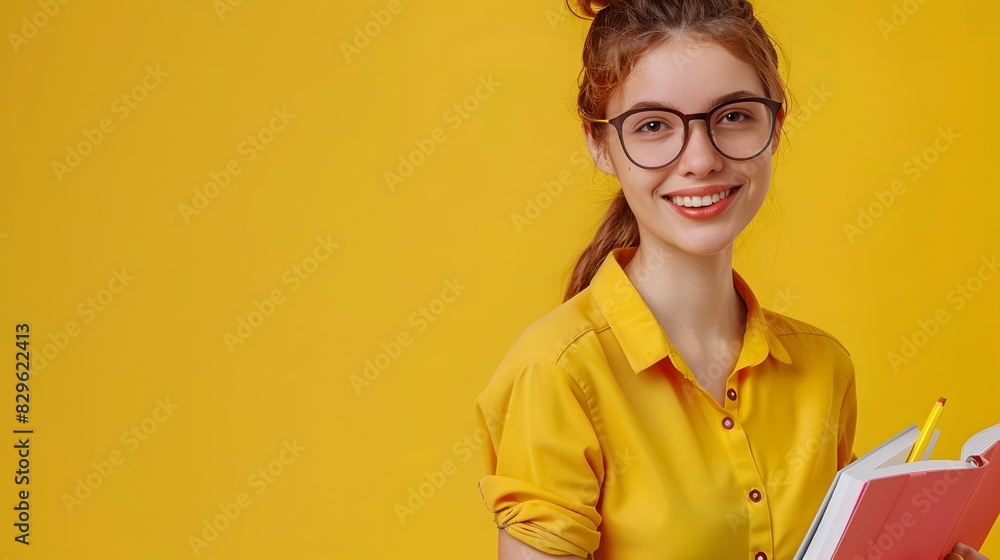 Poster joyful young professional excelling as a copy editor on a vibrant color background