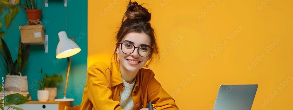 Poster joyful young professional thriving copy editor excels in colorful work setting