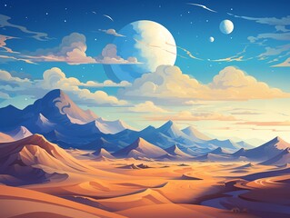 Desert dunes landscape, flat design, top view, Arabian nights theme, cartoon drawing, triadic color scheme