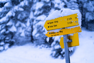 Schild mit Wanderwegen im Winter nahe Berwang