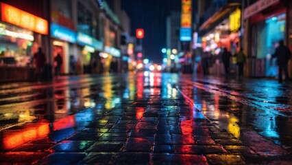Obraz premium Neon Reflections: A Rainy Night in the City