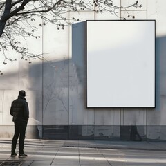 Outdoor blank billboard sign board poster with people passing by. 