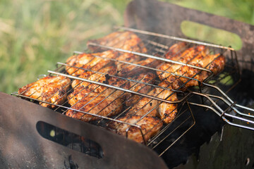 Chicken wings grilled on the grill in a BBQ grate
