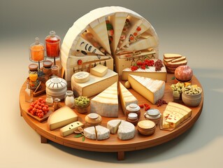 European market with cheese and bread, flat design, top view, cultural delicacies theme, 3D render, triadic color scheme