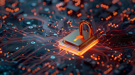 Photo of a padlock on top of a circuit board, representing security measures for digital technology
