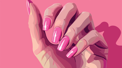 Woman showing manicured hand with pink nail polish