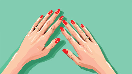 Woman showing manicured hands with red nail polish
