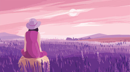 Woman sitting on hay bale in lavender field background view