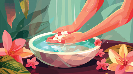 Woman soaking her hands in bowl with water and flower