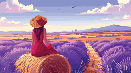 Woman sitting on hay bale in lavender field background view