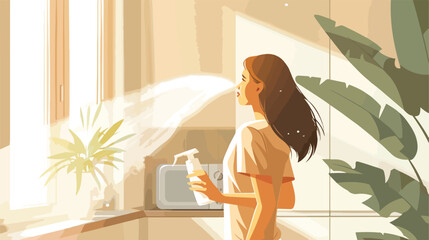 Woman spraying air freshener at home closeup. Space