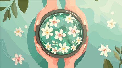 Woman soaking her hands in bowl with water and flower