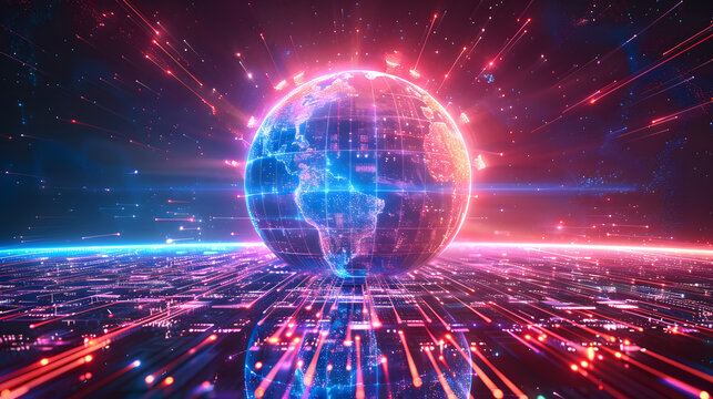 Metaverse digital world cyber space 3D rendering background, neon colorful global world in cyber space, future energy power technology and internet