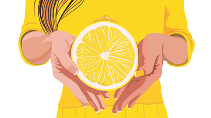 Woman squeezing lemon half on white background closeup