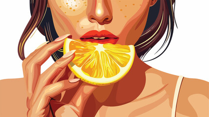 Woman squeezing lemon half on white background closeup