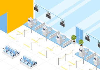 Isometric airport check-in zone interior. Counters and baggage claim tape, pre flight registration and waiting area. Enter and benches, flawless vector scene