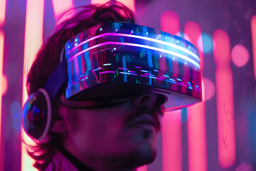 Man wear VR Glasses in metaverse world futuristic technology concept