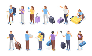 Isometric tourists with luggage. People travel with backpack and bags, hiking and vacation. Isolated men women with suitcases, flawless vector set