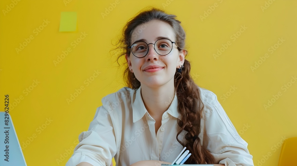 Poster joyous young copy editor excels in colorful work atmosphere