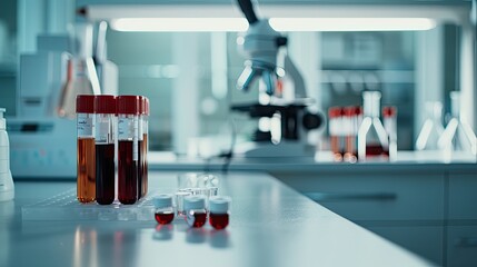 Test tubes on the background of a microscope in the laboratory. Selective focus.