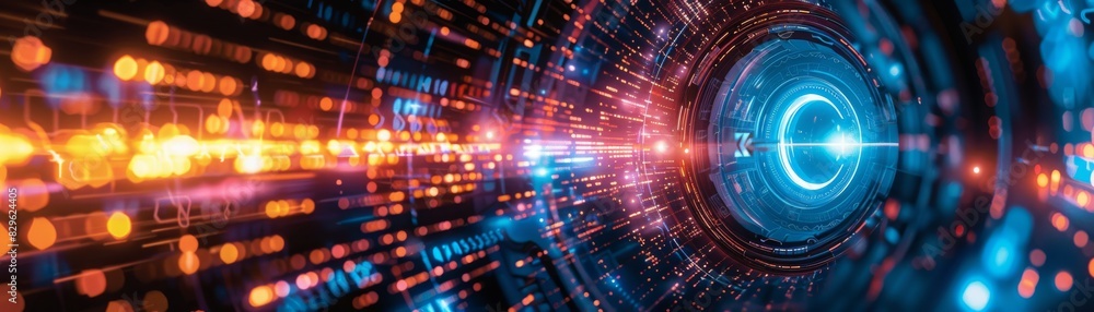 Poster dynamic digital data tunnel with vibrant lights and futuristic technology elements, representing dat