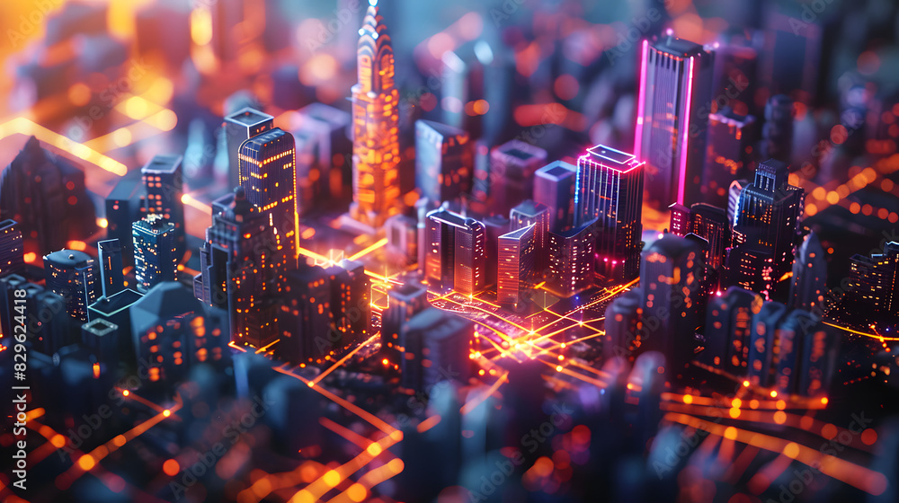 Poster high tech data network color grids over miniature cityscape with cinematic coloring
