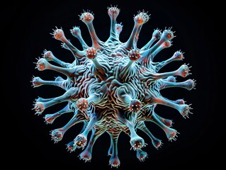 Highly detailed 3D rendering of a virus structure with intricate patterns and vibrant colors, set against a dark background.