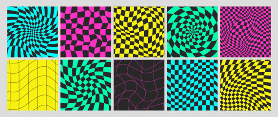 Square psychedelic checkerboard acid backgrounds with warped swirl grid tile, wavy lines. Twisted checkered seamless pattern in trendy y2k style. Distorted chessboard cover set with distortion effect.