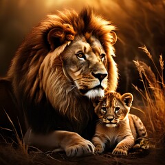 Naklejka premium A majestic lion and his playful cub sit together in the tranquil beauty of the African savanna, basking in the warm glow of a golden sunset.