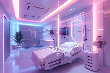 Futuristic hospital room with high tech AI technology equipment