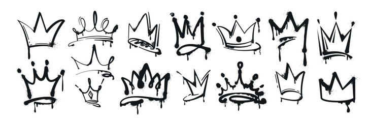 Vector spray paint crowns set. Black ink graffiti king, queen or prince crown isolated on white background. Hand drawn princess tiara and diadem. Royal head accessories in grunge street art style. © redgreystock