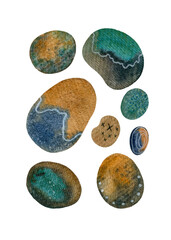 Abstract art background with elements of watercolor stains, stones, minerals. Large set of spots are hand-drawn. Isolated watercolor stains. Brush texture decoration with poster design.