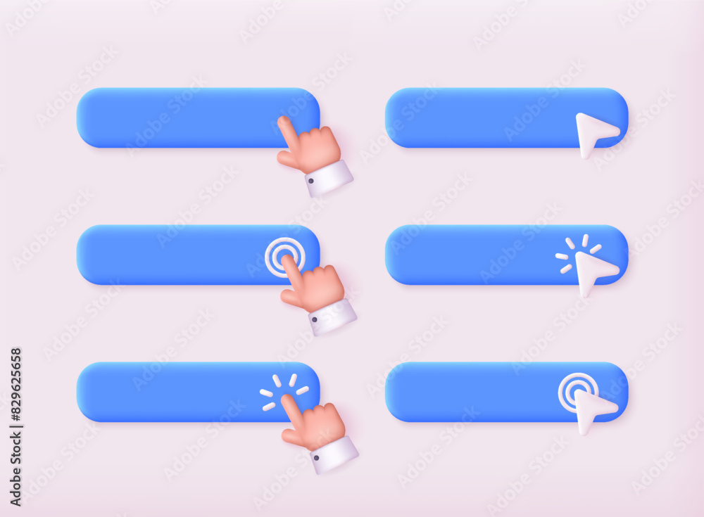 Poster set of 3d buttons with hand pointer clicking. navigation search for web browser. 3d web vector illus