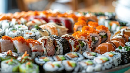 A variety of sushi and rolls on a plate. Selective focus.