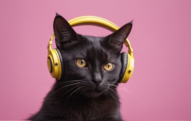 a black Cat wearing headphones on pink background