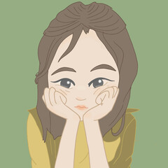 Cartoon long brown haired girl sitting with feet chin showing bored expression against green background