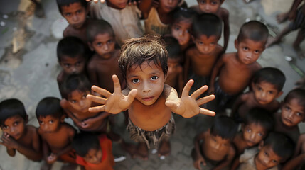 Black children are begging for help. A little boy in focus stretches his hands up, wishing for food. October 17 is the International Day for the Eradication of Poverty