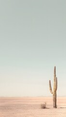 Minimalist desert landscape with lone cactus, muted tones, clean horizon against sky
