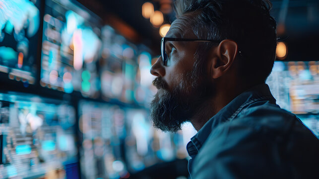 Close-up Shot of man IT Engineer Working in Monitoring Room. He Works with Multiple Displays. Data analytics