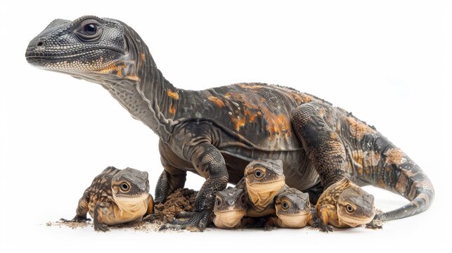 Happy Maiasaura Dinosaur with Cute Hatchlings Isolated on White Studio Background