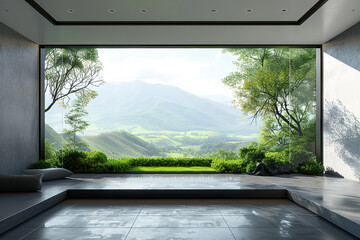 3D rendering of interior modern room and green landscape in window.