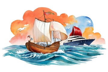 Sea boat, yacht on the waves and seagulls. Hand drawn watercolor illustration isolated on white background