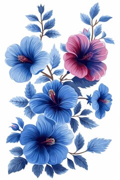 Blue and Pink Flowers on White Background