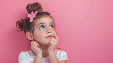 Little girl thinking, having an idea on pink background with copyspace. Creative thinking, brainstorming concept.