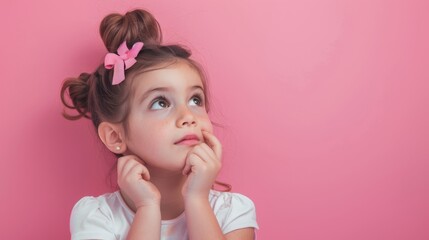 Fototapeta premium Little girl thinking, having an idea on pink background with copyspace. Creative thinking, brainstorming concept.