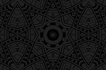 Embossed black background, tribal cover design, boho style. Geometric vintage artistic 3D pattern. Ethnic mandala, ornaments, arabesques, handmade East, Asia, India, Mexico, Aztec, Peru.